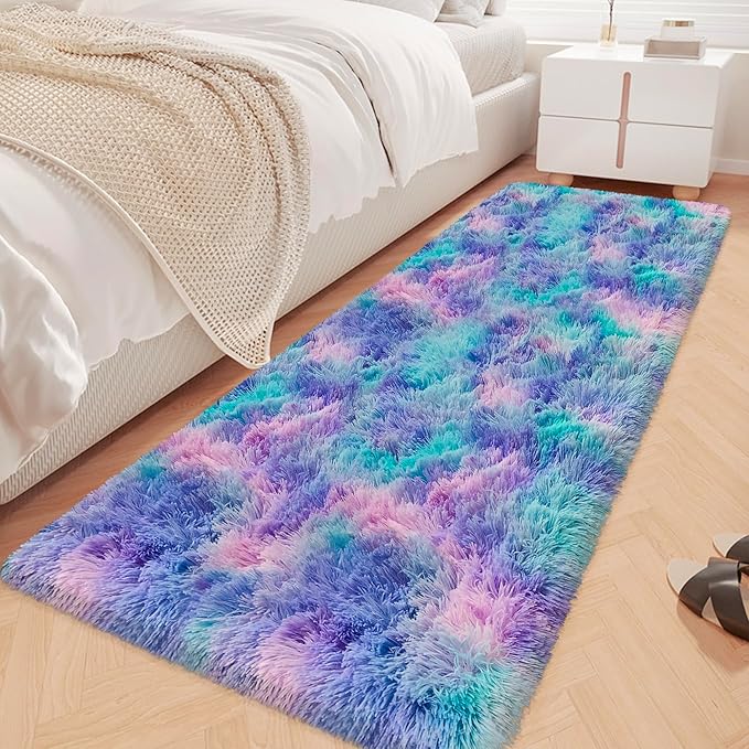 Super Soft Fluffy Living Room Area Rug 2x6 ft Purple Rainbow Tie-Dyed Shaggy Furry Carpet Washable Non-Slip Carpets Bedroom Bedside Nursery Rug Cute Colorful Room Decor for Girls