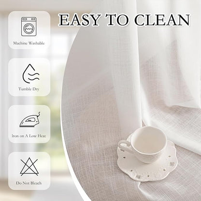 MYSKY HOME White Linen Curtains 96 Inches Long for Sliding Glass Door Semi Sheer Curtains Light Filtering Drapes Living Room Window Treatment Soft Boho Farmhouse Style, Pure White, 50" x 96", 2 Panels
