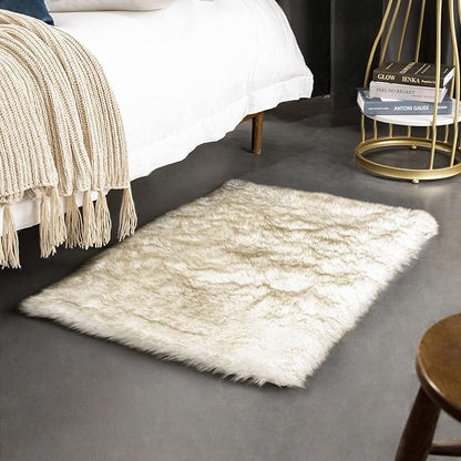 Ashler HOME DECO Soft Fox Faux Fur Chair Couch Cover Area Rug for Bedroom Floor Sofa Living Room White Brown Rectangle 2 x 3 Feet