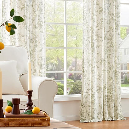 jinchan Linen Blend Floral Curtains for Living Room 63 Inch Length Farmhouse Printed Curtain Rod Pocket Back Tab Sage Green Peony Flower Patterned Drapes Bedroom Curtains Set 2 Panels