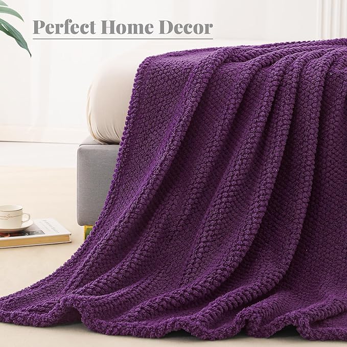 Whale Flotilla Queen Size Fuzzy Fleece Blanket for Bed, 90x90 Inch Fluffy Warm Soft Jacquard Blankets for All Season, Lightweight and Cozy, Purple