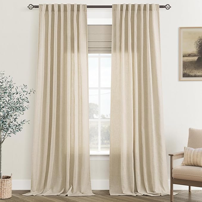 Greyish Beige Linen Curtain 96 inch Length 2 Panels Set Back Tab Light Filtering Living Room Curtain Drapes Home Office Modern Minimalist Decor Farmhouse Boho Neutral Semi Sheer Curtain 96 inch Long