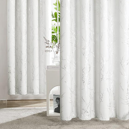 Deconovo White Curtains 72 Inches Long, Room Darkening Curtain, Thermal Insulated Soundproof Drapes, Silver Print, Grommet Top, Light Blocking Window Panels for Living Room Bedroom Nursery, Set of 2