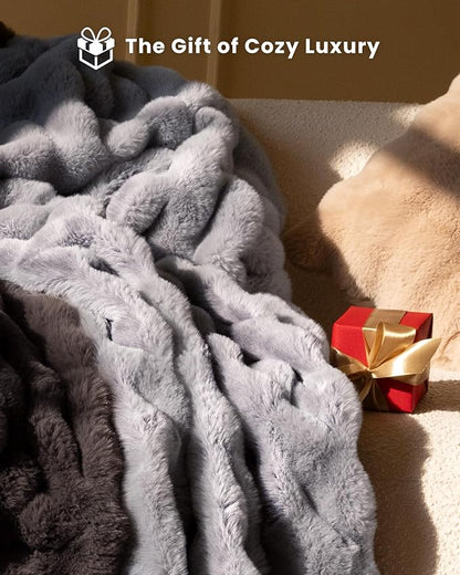 Ultra Soft Cozy Faux Fur Throw Blanket, Fuzzy Plush Thick Bubble Blanket, Oversize Luxury Fluffy Blanket for Couch, Bed, and Living Room, 60x80 Inches, Light Grey