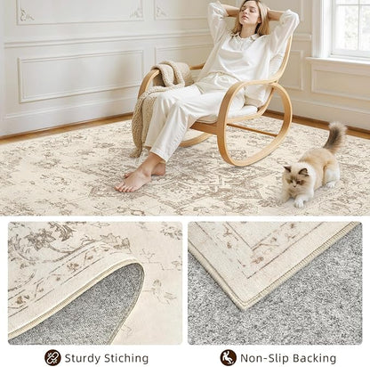 6x9 Area Rugs for Living Room: Vintage Boho Neutral Washable Rug Indoor Soft Large Area Rug Carpet for Bedroom Nursery Farmhouse Dining Room Office Floor Non-Slip Low Pile Under Table Rug Beige/Ivory