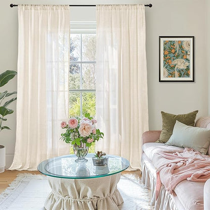 BGment Extra Long Beige Linen Curtains 96 Inch Length for Living Room - Light Filtering Window Treatments with Rod Pocket for Farmhouse Bedroom, 2 Panels, Each Panel 52 Inch Wide