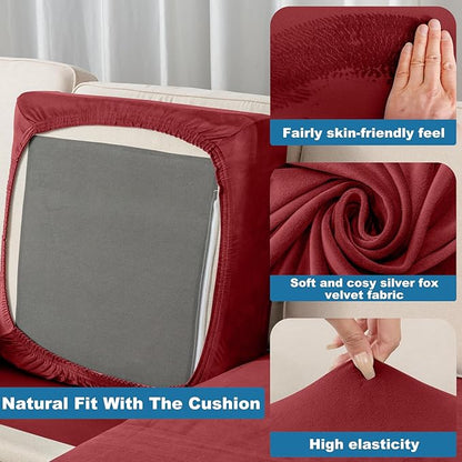 Couch Cover Stretch Velvet Sofa Cushion Cover 2-Piece - Elastic Washable Slipcover for Seat or Backrest, Couch Seat Covers for Sofas (Christmas Red)