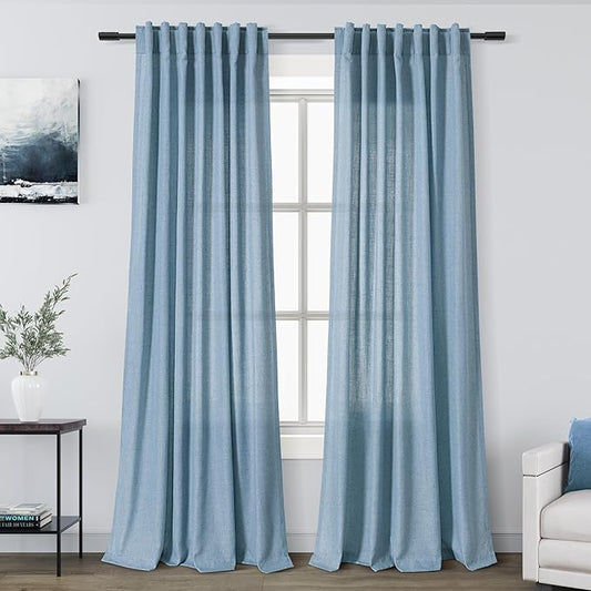 Nanspring Blue Linen Blend Semi Sheer Light Filtering Curtains 86 Inches Long 2 Panel Set Pocket Back Tab Privacy Home Decor Curtain Drapes for Bedroom Living Room 52x86
