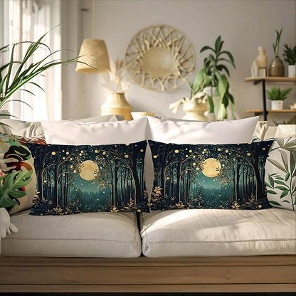 Rustic William Morris Inspired Night Moon Forest Decor Pillow Covers 18x18 Set of 2,Vintage Black and Gold Nature Landscape Botanical Decorative Throw Pillow Covers for Home Bedroom Living Room