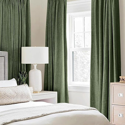 MIULEE 100% Blackout Linen Textured Curtains for Bedroom Solid Thermal Insulated Olive Green Grommet Room Darkening Curtains & Drapes Luxury Decor for Living Room Nursery 42 x 90 Inch (2 Panels)