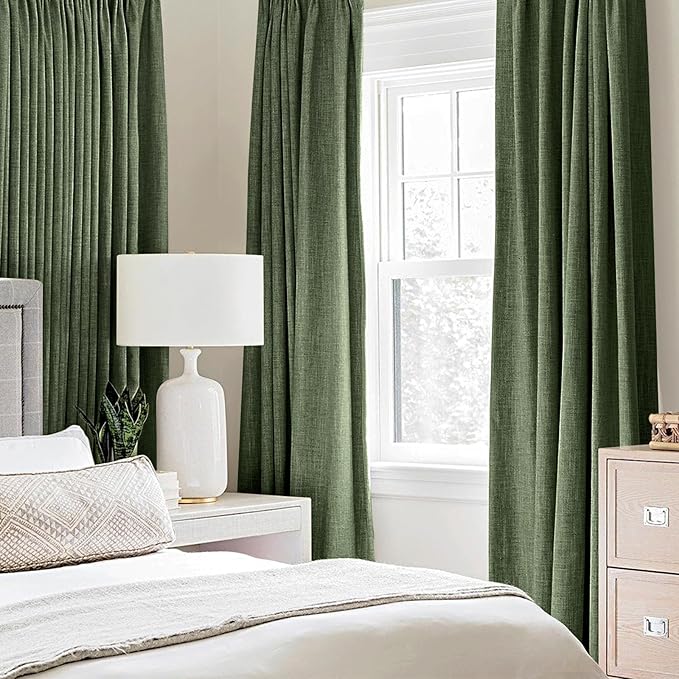 MIULEE 100% Blackout Linen Textured Curtains for Bedroom Solid Thermal Insulated Olive Green Grommet Room Darkening Curtains & Drapes Luxury Decor for Living Room Nursery 42 x 84 Inch (2 Panels)
