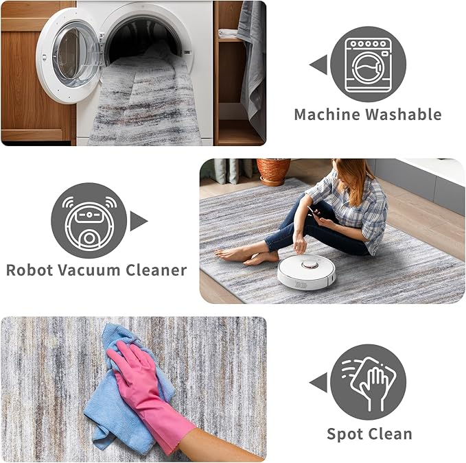 6x12 Runner Rug for Wide Hallway: Long Washable Area Rugs for Living Room Dining Room Office - Stain and Water Resistant Runners with Non-Slip Backing - Soft Low-Pile Thin Carpet Beige Grey