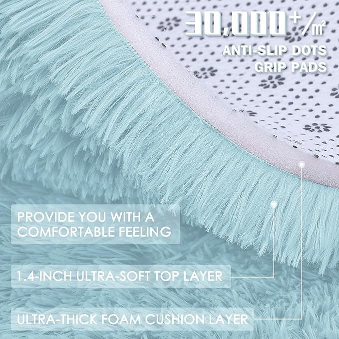 OLANLY 3x5 Machine Washable Small Bedside Rug, Soft Fluffy Shaggy Rugs for Living Room, Bedroom, Indoor Floor Carpet for Kids Girls and Boys, Preppy Dorms, Nursery, Home Decor Aesthetic, Light Blue