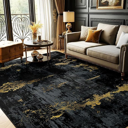Washable Area Rugs 9'x12' Non-Slip Modern Abstract Soft for Living Room Entryway Bedroom Nursery, Print Pattern, Dark Black Gold