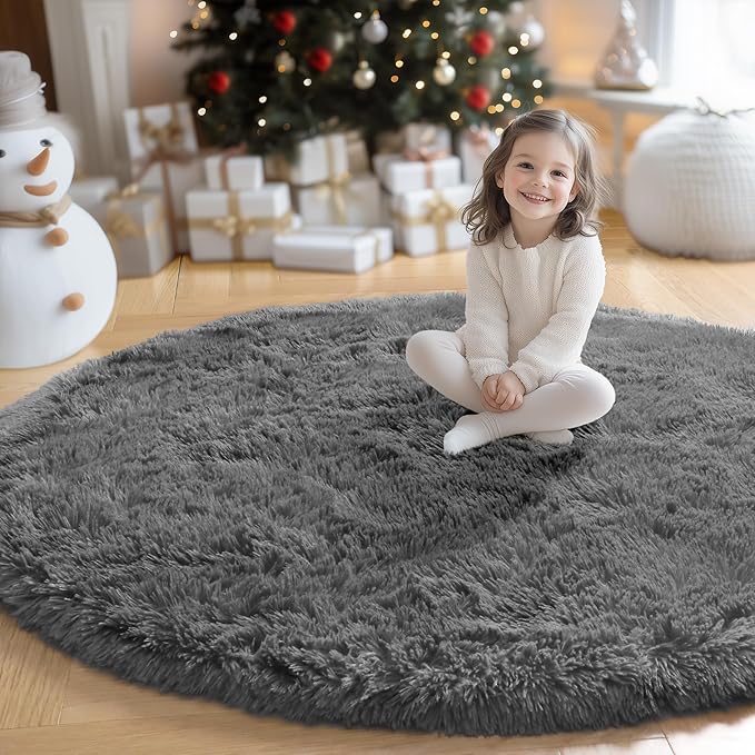 Amdrebio Grey Round Rugs 6Ft for Bedroom Living Room Decor, Fluffy Shaggy Circle Area Rug for Kids Room Classroom Playroom, Large Furry Floor Circular Gray Carpet for Teen Girls Boys Nursery Dorm