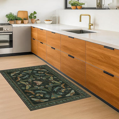 Hazo Haus 2x4 Entry Way Rugs Indoor - Dark Green Putdoor Rug for Kitchen, Bathroom, Insect Boho Design, Washable Non Slip Stain Resistant