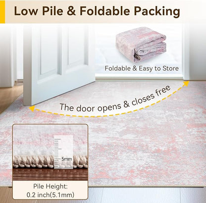 Washable Area Rugs 2'x10' Non-Slip Modern Abstract Soft for Living Room Entryway Bedroom Nursery, Print Pattern, Grey Pink
