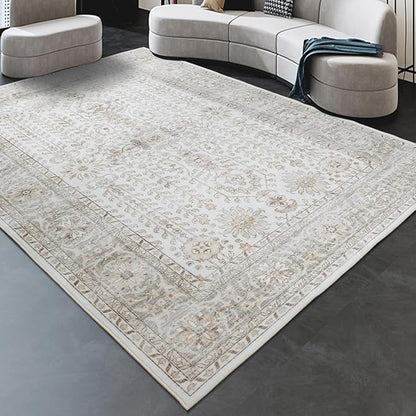 7x9 Area Rugs for Living Room,Thin Washable Rug, Non-Slip Foldable Area Rug for Bedroom, Dining Room, Home Office, Cream