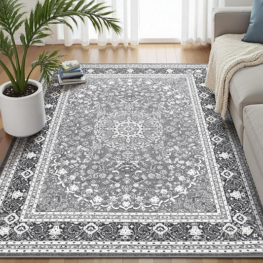Lofus 5x7 Area Rugs for Living Room, Machine Washable Non-Slip Area Rug, Low Pile Large Rugs for Bedroom, Kitchen, Dining Room, Home Office, Vintage Oriental Print Rug, Light Grey with White