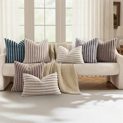 decorUhome Cozy Faux Fur Throw Pillow Covers 18x18 Set of 2 Decorative Soft Plush Striped Modern Farmhouse Boho Couch Pillow Cases with Velvet Back for Sofa Bed Living Room, Brown White