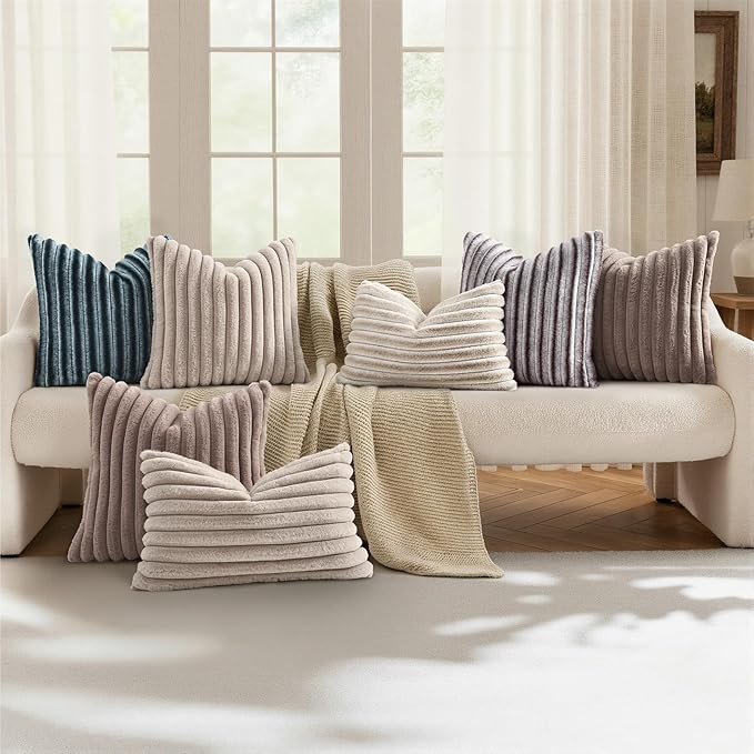 decorUhome Cozy Faux Fur Throw Pillow Covers 16x16 Set of 2 Decorative Soft Plush Striped Modern Farmhouse Boho Couch Pillow Cases with Velvet Back for Sofa Bed Living Room, Tan