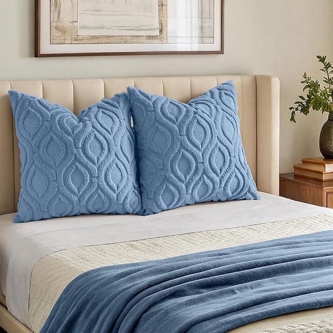 decorUhome Throw Pillow Covers 24x24 Inch Set of 2, Soft Plush Faux Wool Blue Solid Couch Pillow Covers, Accent Euro Sham Farmhouse Neutral Square Pillow Cases for Sofa Bed Living Room