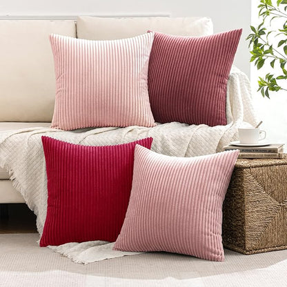MIULEE Boho Farmhouse Throw Pillow Covers 18x18 Inch Set of 4 Romantic Decorative Cushion Covers Spring Corduroy Home Decor for Feminine Valentines Couch Bed Sofa Living Room Aesthetic Pink