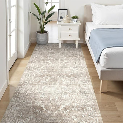 4x8 Washable Hallway Runner Rug - Wide Kitchen Runners Vintage Low Pile Carpet Soft Thin Floor Runner with Rubber Backing for Entryway Bedroom Living Room Home Decor (Beige)