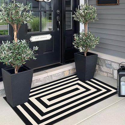 Front Door Mat Indoor Entrance - 2x4.3 Ft Modern Washable Layered Doormat Outdoor Entrance Porch Rug Non-Slip Black White Geometric Runner Rug for Kitchen Bedroom Laundry Room Porch Decor
