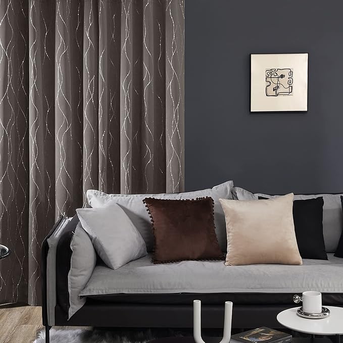 Deconovo Blackout Curtains, Thermal Insulated Soundproof Grommet Drapes, Wave Dots Silver Print, 52 x 45 Inch, Set of 2, Machine Washable Window Panel for Kitchen Bedroom Living Room Nursery, Taupe