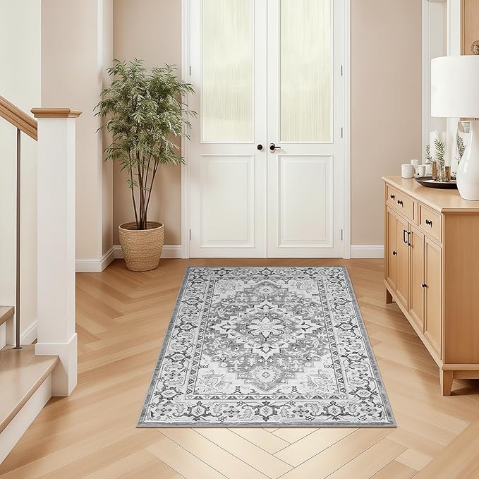 Lofus 3x5 Area Rugs for Living Room, Machine Washable Area Rug, Soft Small Rugs for Bedroom, Kitchen, Office and Indoor, Vintage Boho Carpet, Non-Slip Low Pile Carpets, Floral Grey