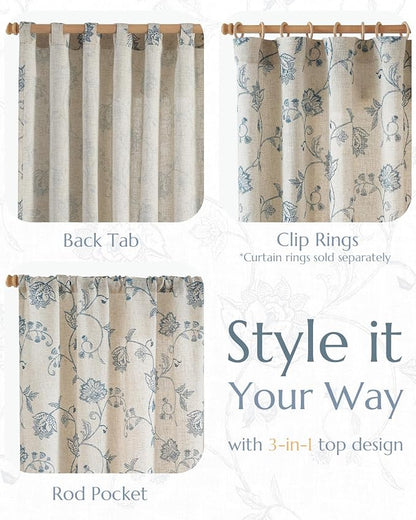 jinchan Linen Curtains Floral Curtains 96 Inch Length for Living Room Bedroom Light Filtering Rod Pocket Back Tab Jacobean Curtains Flax Linen Texture Window Drapes Set 2 Panels Blue on Linen
