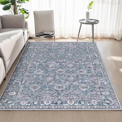SERISSA 3x5 Boho Floral Area Rugs for Bedroom, Washable Kitchen Rugs Non-Slip, Ultra Soft Print Distressed Vintage Blue Grey Entry Rug Low-Pile Throw Rug Carpet for Bedroom Living Room Dorm Decor