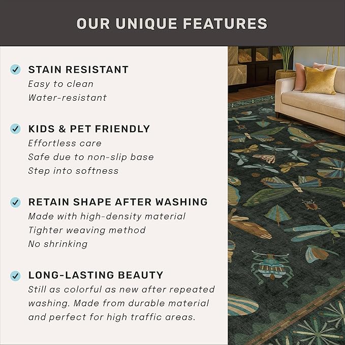 3x12 Long Hallway Runner Rug Non Slip - Washable Front Door Runner Indoor Entrance, Boho Nature Insect Stain Resistant Kitchen Carpet, Low Pile & Soft Indoor Décor (Dark Green)