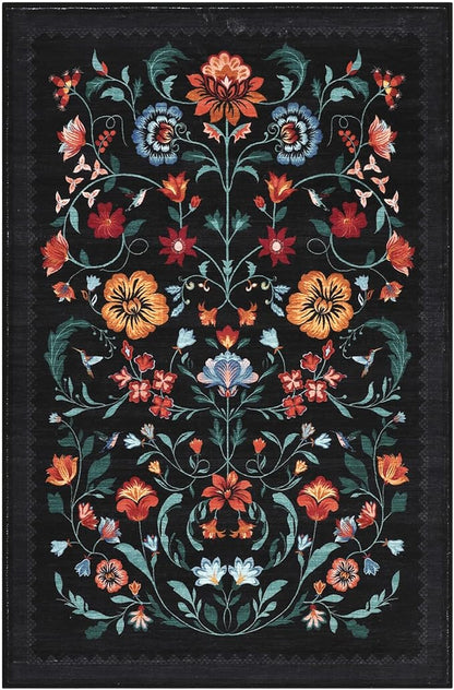 Floral Rug for Entryway 2x3 Rugs Machine Washable Boho Small Area Rug Non-Slip Low-Pile Front Door Soft Mat for Entrance, Bedroom, Kitchen, Laundry, Bathroom, Black