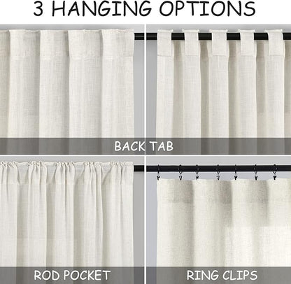 Cream Linen Curtains 126 Inches Long 2 Panels Set for Living Room Extra Long Back Tab Curtain Neutral Farmhouse Light Filtering Semi Sheer Linen Drapes Ceiling to Floor for Large Window 52x126