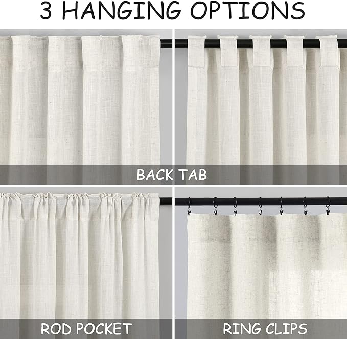 Nanspring Cream Extra Long Curtain 130 inches Long 2 Panels Set for Living Room Back Tab Modern Farmhouse Coastal Decor Cotton Textured Cream Sheer Linen Curtains for High Window 52x130