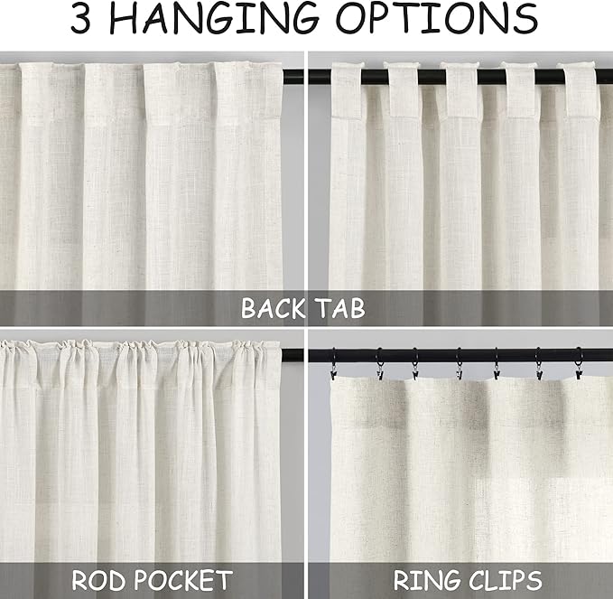 Nanspring Cream Linen Blend Light Filtering Curtains 82 Inch Length 2 Panel Set Pocket Back Tab Privacy Semi Sheer Decorative Decor Curtain Drapes for Bedroom Living Room 52x82 Inches Long