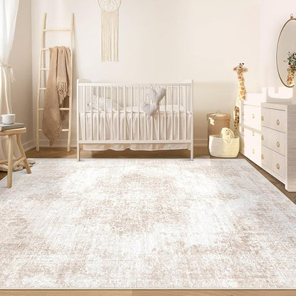 Area Rug 6x9 Vintage Rugs: Washable Living Room Rug Retro Medallion Distressed Large Rug Soft Low Pile Non-Slip Rugs Indoor Floor Carpet for Bedroom Kitchen Nursery Dining Table Office (Beige/Brown)