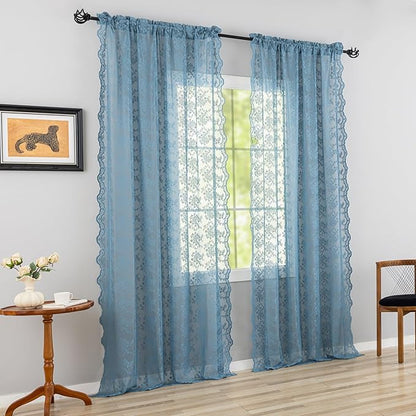 YJ YANJUN Vintage Lace Curtains 102 Inches Long-Victorian Floral Pattern Dusty Blue Boho Floor to Ceiling Sheer Curtain Panels Light-Filtering Rustic Farmhouse Neutral Decor 2 Panels 52W x 102L