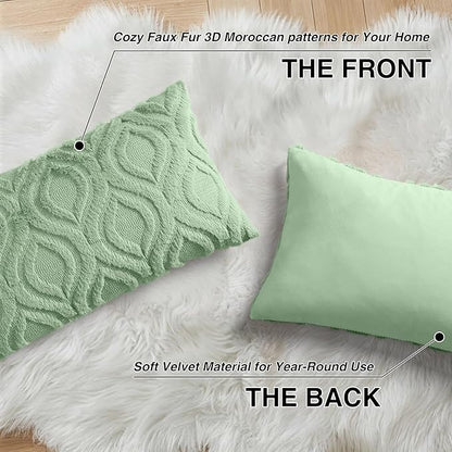 decorUhome Throw Pillow Covers 12x20 Inch Set of 2, Soft Plush Faux Wool Sage Green Solid Couch Pillow Covers, Accent Farmhouse Neutral Rectangle Pillow Cases for Sofa Bed Living Room