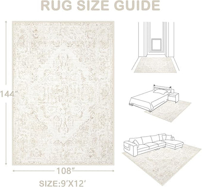 9x12 Area Rugs for Living Room:Washable Rug Vintage Large Rugs Soft Non Slip Low Pile Rug Floral Distressed Floor Carpet for Bedroom Dining Room Home Office (Beige,9'x12')
