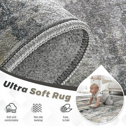 Area Rugs 6x9 for Living Room: Washable Rug Modern Abstract Neutral Soft Non-Slip Low-Pile Indoor Carpet for Bedroom Dining Room Playroom Home Office (Black Grey Brown, 6'x9')