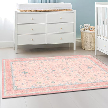 Washable 3x5 Pink Rugs for Girls Bedroom Beside Bed, Nursery Rug, Soft Faux Wool Low Pile Non Slip Stain Resistance Carpet, Pink & Blue