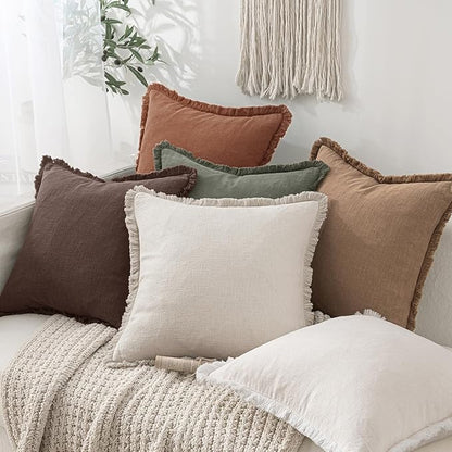 MIULEE Decorative Throw Pillow Covers Neutral Linen Fringe Throw Pillows Set of 2 Dark Brown Boho Farmhouse Cushion Covers with Tassels for Couch Sofa Bed Living Room Spring Decor 20x20 Inch
