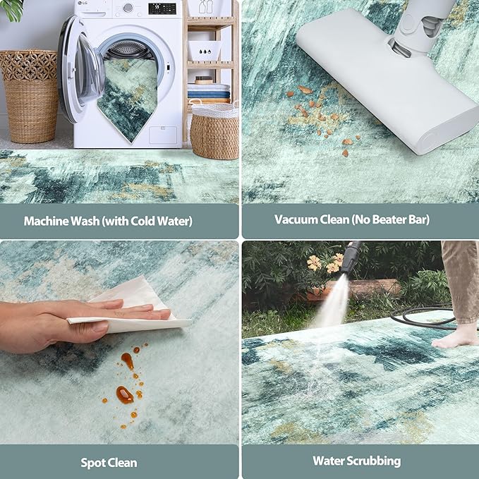 4x6 Area Rugs for Living Room Rug Washable: Abstract Rug for Dining Room Bedroom Carpet Non Slip 4 by 6 Indoor Modern Nursery Home Office Teal Grey Gold