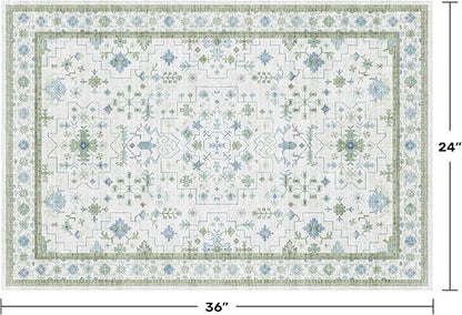 Washable Boho Bathroom Rug 2x3 - Small Throw Area Rugs for Powder Room, Laundry, Kitchen, Blue and Green Oushak Modern Eclectic Geometric Floral Pastel Decor, Low Pile Non-Slip Stain Resistant