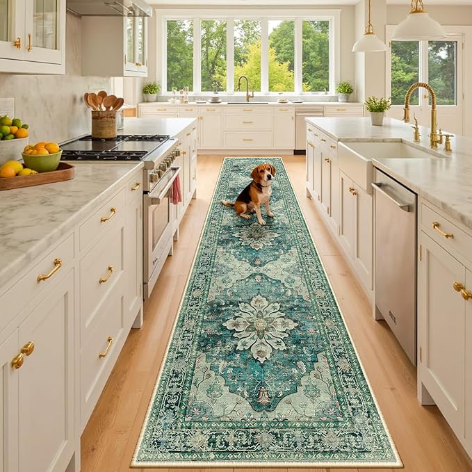 Area Rugs 2'x10' Runner Rug Non Slip Washable for Kitchen Hallway Bedroom Beside Laundry Room Bathroom Rug, Floor Carpet, Dark Blue Vintage