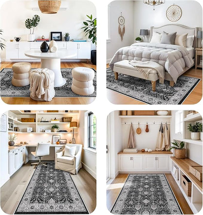 Washable 4x12 Hallway Runner Rug: Vintage Soft Carpet for Living Room Bedroom Stain Resistant Area Rug with Non-Slip Backing for Entryway Kitchen Thin Floor Mat for Bathroom Dining Room(Black,4x12)