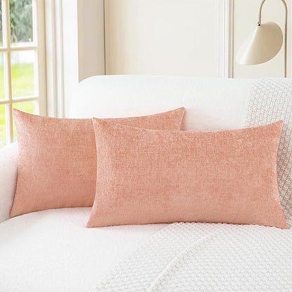 CaliTime Throw Pillow Covers Decorative 12 X 20 Inches Pack of 2 Cozy Chenille Cushion Cases for Couch Sofa Bed Living Room Home Dusty Pink